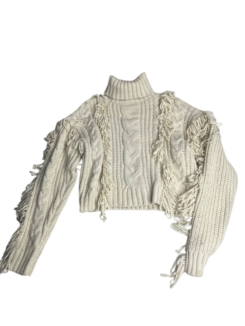 Forever 21 Cream Fringe Cable-Knit Turtleneck Sweater (WR72)